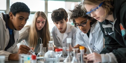 Poster - Two female scientists wearing protective goggles and lab coats, working on experiments in a laboratory. AIG62