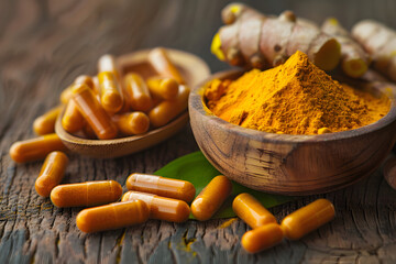 Wall Mural - Turmeric powder in wooden bowls and turmeric capsules on wooden background