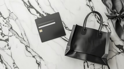 Poster - A luxurious shopping experience with a black credit card and high-end brand shopping bags on a marble countertop