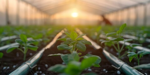 Wall Mural - Agriculture agronomist tending to crops in greenhouse at sunset. Concept Agriculture, Agronomist, Crops, Greenhouse, Sunset