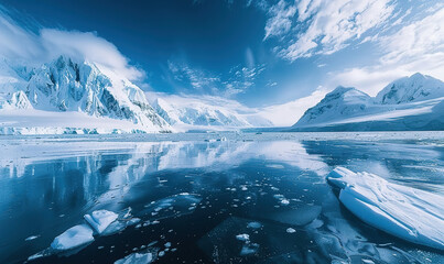 Blue Ice covered mountains with blue water