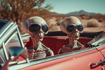 Wall Mural - two aliens with sunglasses in the convertible red car. 