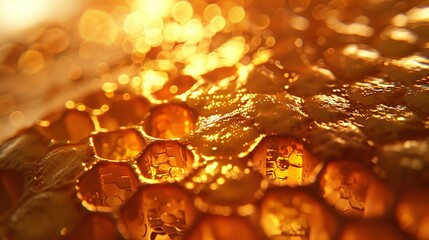 Poster - An extreme macro shot of a honeycomb, revealing the waxy, hexagonal texture and the golden hues