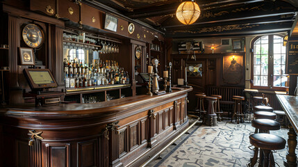 Poster - interior of empty old public house. brass. wood.