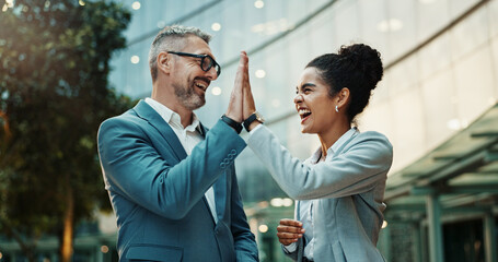 Poster - Man, woman or high five by building for business with partnership, yes for b2b deal in city. People, together or hand gesture with teamwork or success for digital contract, support for goal by office