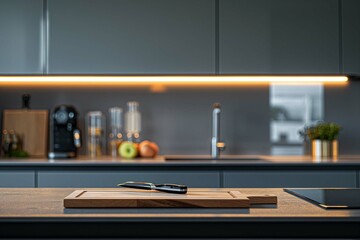 clean modern kitchen with a single cutting board and knife