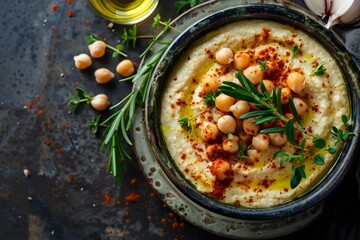 Wall Mural - Delicious Homemade Hummus Garnished with Chickpeas and Fresh Herbs