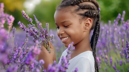 Wall Mural - A young girl is holding a purple flower in a field of purple flowers. She is smiling and she is enjoying the moment