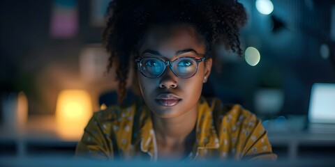 Wall Mural - Black woman IT developer working on computer in dark office. Concept Technology, Diversity in Tech, Coding, Black Women in Tech, Dark Office Work