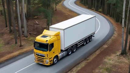 Wall Mural - Aerial view of yellow heavy truck on a narrow twisting road through forest area created with generative ai