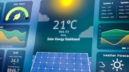 Solar power monitoring system, digital infographic data of green energy management app dashboard, clean renewable electricity technology, Net zero carbon emission home IoT user interface 3d rendering
