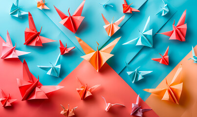 Wall Mural - Origami birds in various colors are arranged on a blue, orange, and red background