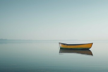 lone boat on a calm empty lake with a clear sky