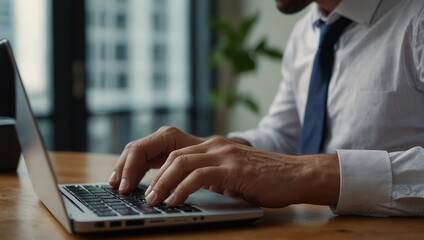 Workplace with laptop human arms typing netbook keyboard searching browsing internet