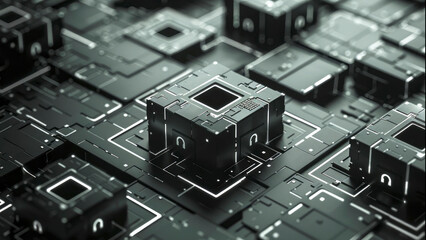 Poster - Interconnected black blocks form a complex digital grid, representing advanced technology, blockchain, and the intricate nature of modern networks.