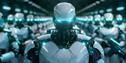 Robotic army advances with cutting-edge cyber machine guns. Concept Sci-Fi, Military Technology, Robot Revolution, Futuristic Warfare, Cyber Weapons