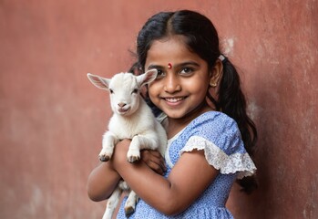 Wall Mural - Happy Indian cute portrait girl holding small goat