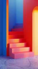 Wall Mural - A staircase with pink and red steps is shown in a room with blue walls