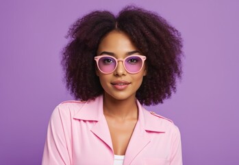 Fashion young African girl black woman wear stylish pink glasses clothes looking at camera isolated on party purple studio background, copy space for text