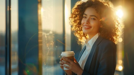 Wall Mural - Portrait of beautiful smiling business woman with curly hair holding coffee cup