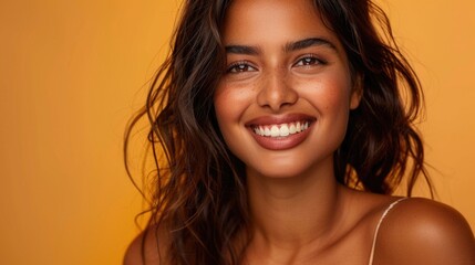 Wall Mural - Portrait of beautiful smiling Indian woman with long curly hair