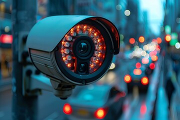 Wall Mural - Security camera monitoring city street after dark.