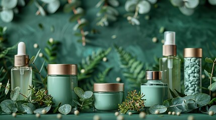 Poster - natural organic cosmetics bottle containers,eucalyptus green leaves cruelty free cosmetics set on gr