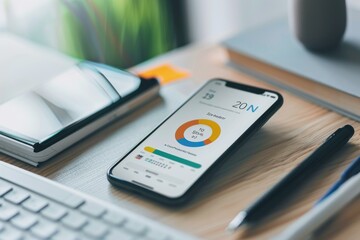 Poster - Smartphone is displaying financial charts and data, while a businessman works at his desk