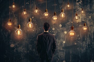 Poster - businessman standing in front of a blackboard with hanging light bulbs is choosing a new business id