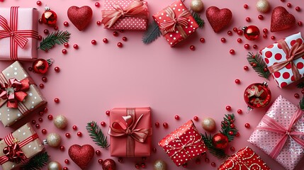 Poster - valentines day frame border of gifts heart shaped party props on pink background valentine s day banner template greeting card mockup party invitation flat lay top view,image