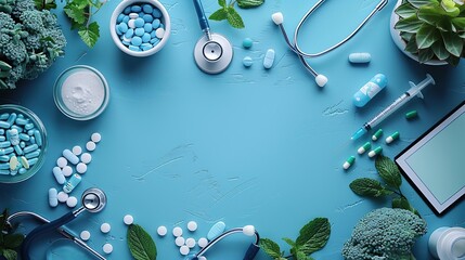Poster - medical equipment on blue background flat lay stethoscope clipboard syringe,pills medical banner design poster template healthcare,medical concept,illustration