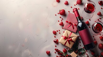 Poster - valentine s day background,bottle of wine champagne two glasses gift box red envelope,love letter on pink background valentines day frame banner mockup template,illustration