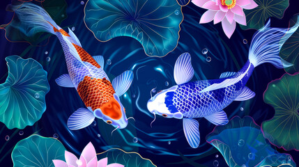 Wall Mural - illustration art fish koi in the water with lotus