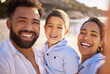 © peopleimages.com - Family, portrait and beach selfie with child, happiness and travel holiday with boy or parents on weekend break. Sunshine, sea memory and capture picture with love, support and nature with people