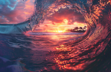 Sticker - Colorful sunrise view from inside of wave tube . View through the hole in water on beautiful colorful sunset at tropical island , surf concept