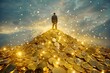 © furyon - triumphant businessman stands atop a mountain of shimmering gold coins symbolizing success and wealth dynamic lowangle shot with dramatic lighting emphasizes power and achievement