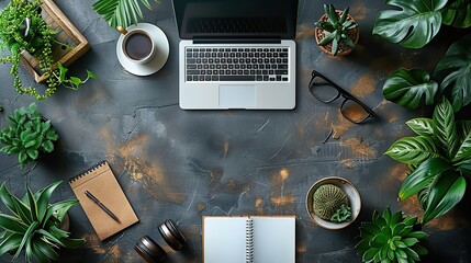 Poster - flat lay top view office desk workspace,laptop computer headphones coffee cup paper notebook pen glasses on black table,stock photo