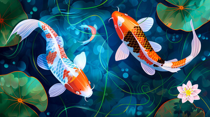 Wall Mural - illustration art fish koi in the water with lotus