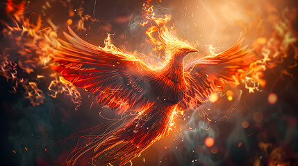 Wall Mural -  flying red burning bird phoenix with wire wings rebirth