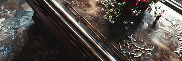 Wall Mural - closeup detail shot of a coffin at a funeral, shot from above