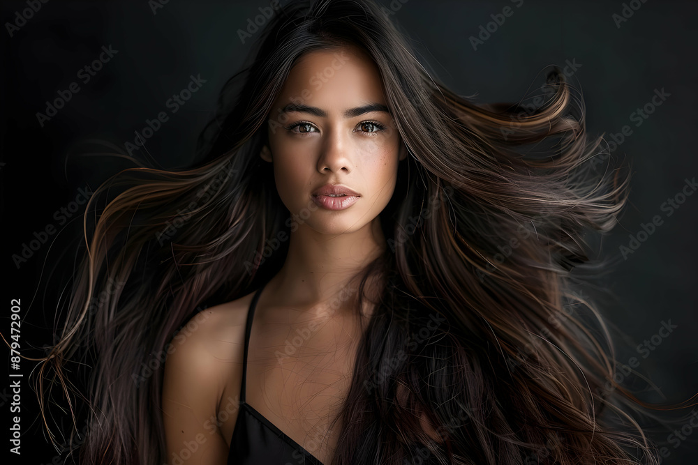 Stunning portrait of a woman with flowing dark hair, set against a ...