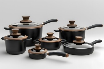 A set of black pots and pans with wooden lids