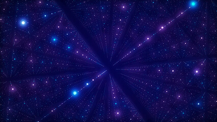 Wall Mural - Futuristic space background with light particles in infinite. Abstract cyberspace with network connection big data. Flying moving dots in science backdrop. Technology dark dust. 3D rendering.