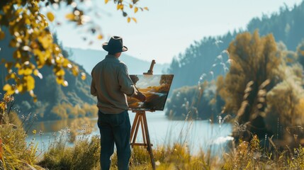 An artist paints a tranquil autumn scene on an easel in a field under cloudy skies, capturing the seasons beauty AIG62