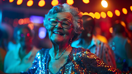 Wall Mural - Elderly woman dancing at a disco club, wearing a stylish sequin dress and glasses,