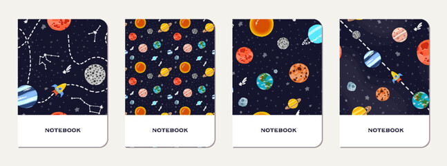 Wall Mural - school notebook cover design with cartoon galaxy.