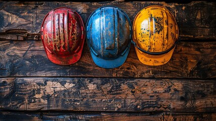 Poster - happy labor day celebration concept greeting card design,american flag safety helmet construction tools on wooden background flat lay top view,image