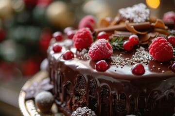 Chocolate cake with melted chocolate, raspberries and cranberries decorating a table for a christmas celebration