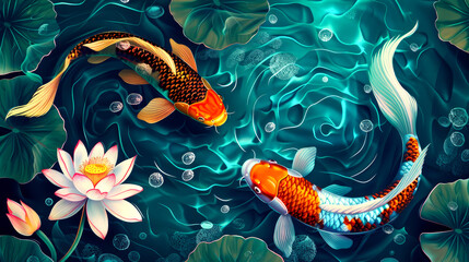 Wall Mural - illustration art fish koi in the water with lotus