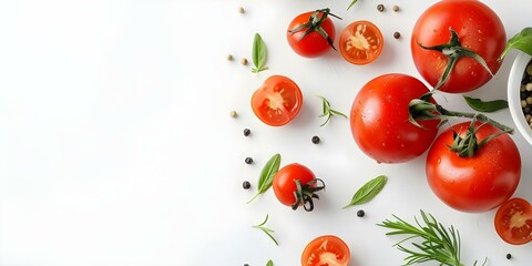 Wall Mural - Food items on white background for food blogs recipe books social media. Concept Food Styling, White Background, Recipe Inspiration, Social Media Promotion